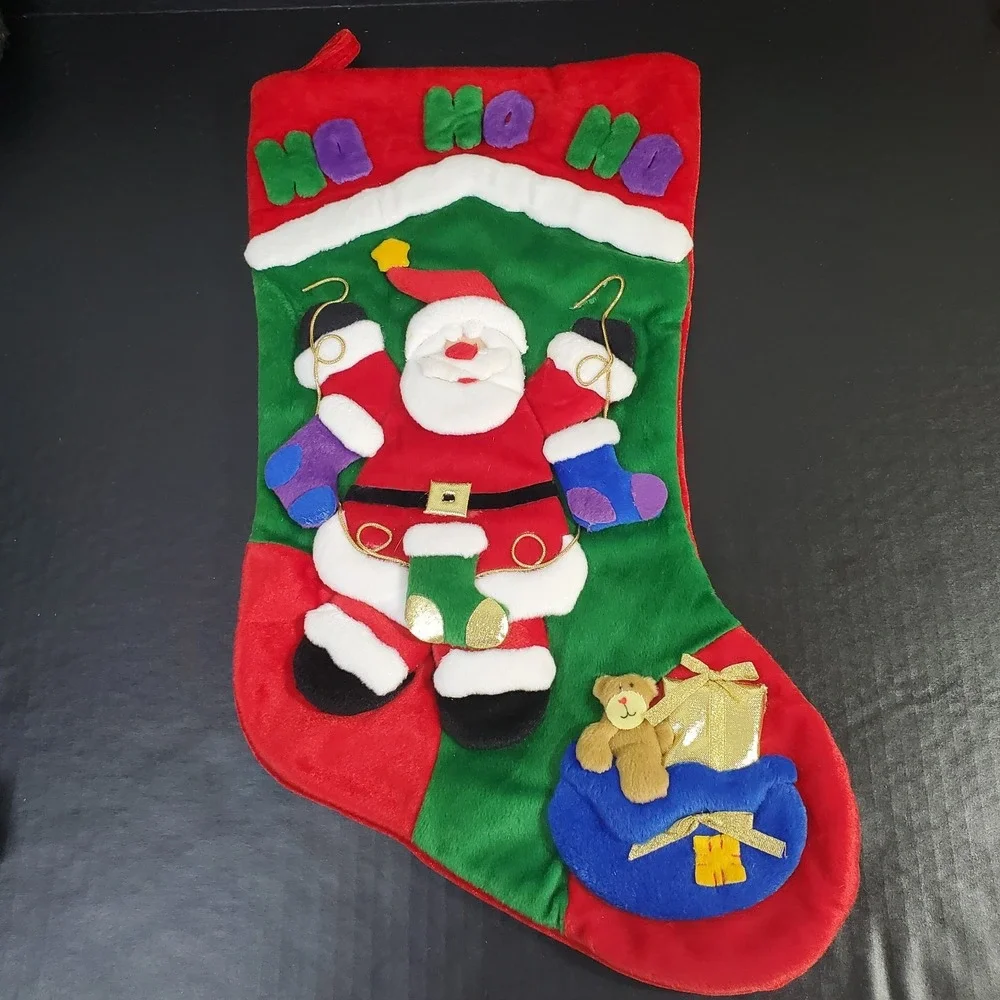 HO HO HO Velour Plush Christmas Stocking Applique Santa Hanging Mittens‎ 19
